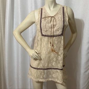 Crochet dress cover up dress v neck with string beaded and feathers.🔴
